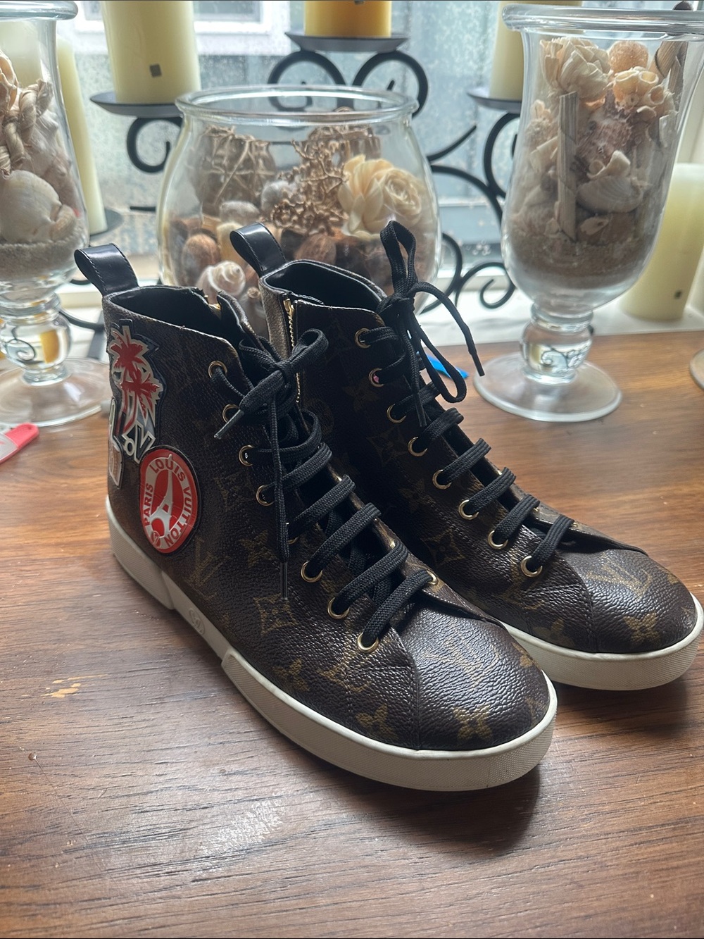 Louis Vuitton Brown Monogram High-Top Sneakers with Patch Accents